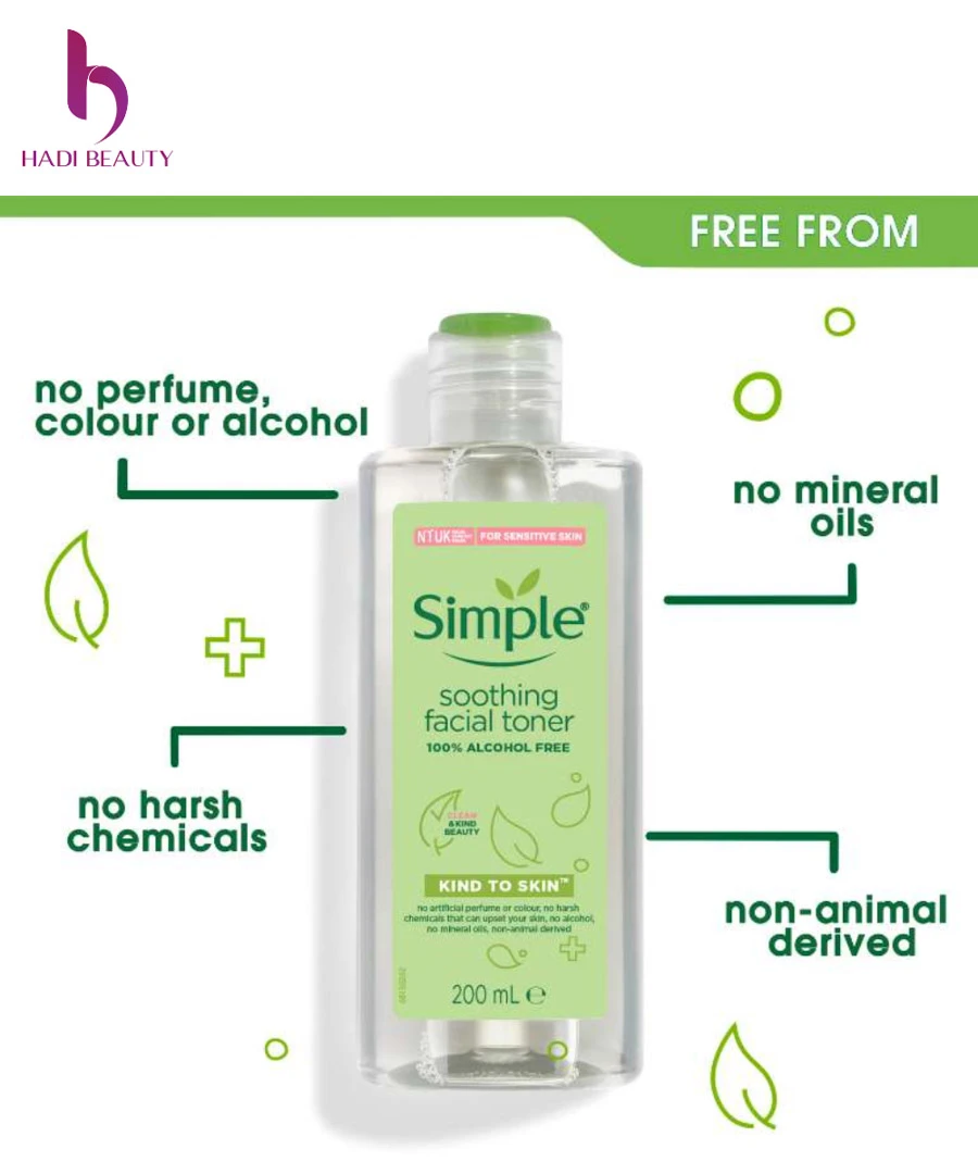 Toner best-seller Simple Kind To Skin Soothing Facial Toner trong bộ mỹ phẩm simple